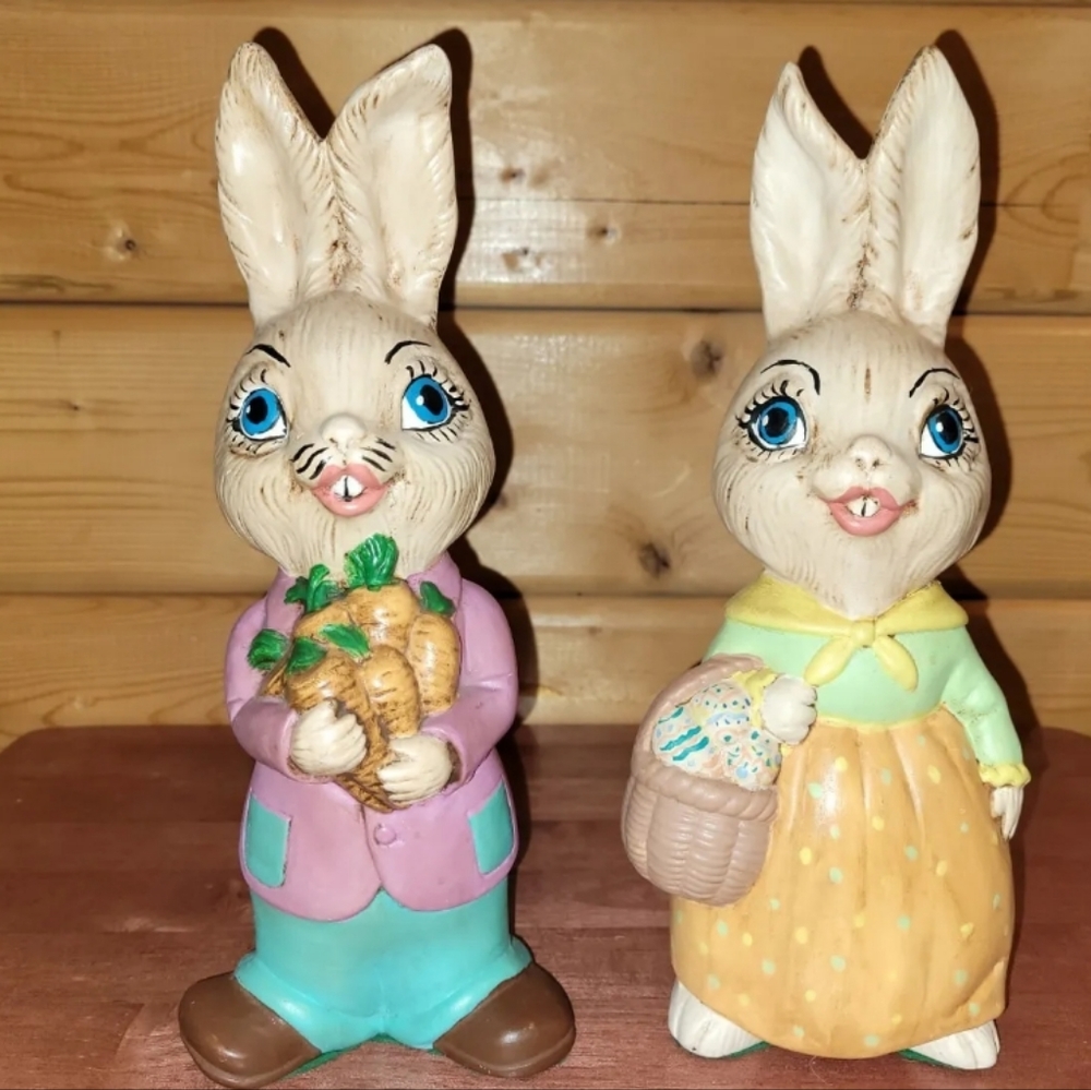Vintage Mr & Mrs Easter Bunny Rabbits 10" Ceramic Figurine Set Farmhouse Chic
